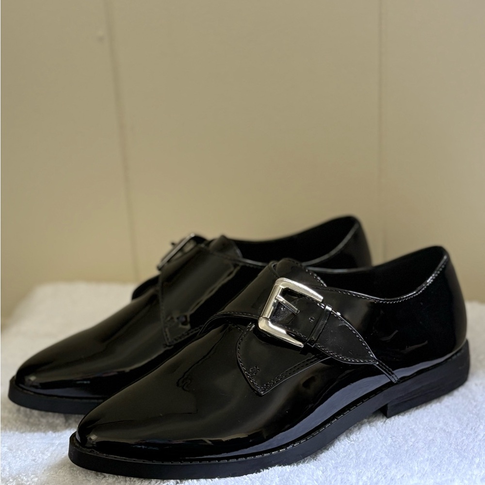 Aldo Glossy Black Loafers with Silver Buckle